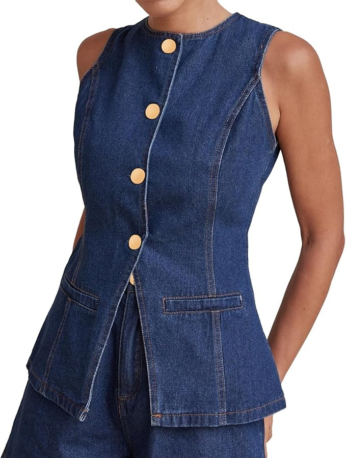 Kedera Women's Button Down Denim Vest Sleeveless Tank Tops Crew Neck Slim Fit Jean Jacket Waistco... | Amazon (US)