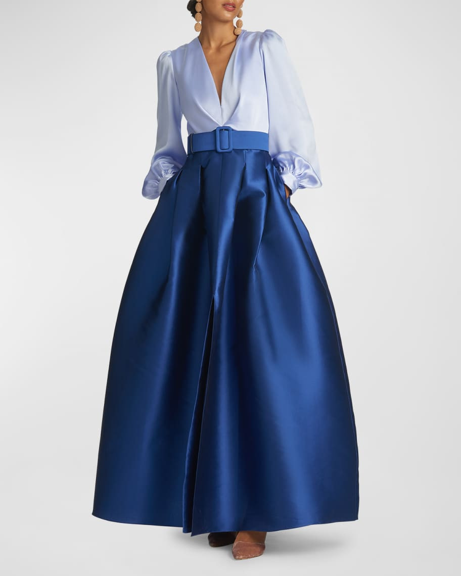 Sachin & Babi Zoe Pleated A-Line Two-Tone Mikado Gown | Neiman Marcus