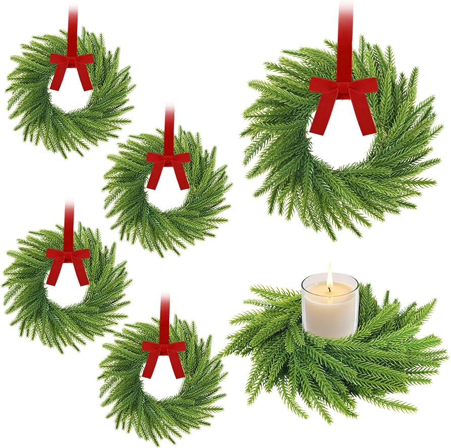 6 Pcs Christmas Candle Rings Wreaths, Christmas Kitchen Cabinet Wreaths, 7.87" Artificial Norfolk... | Amazon (US)