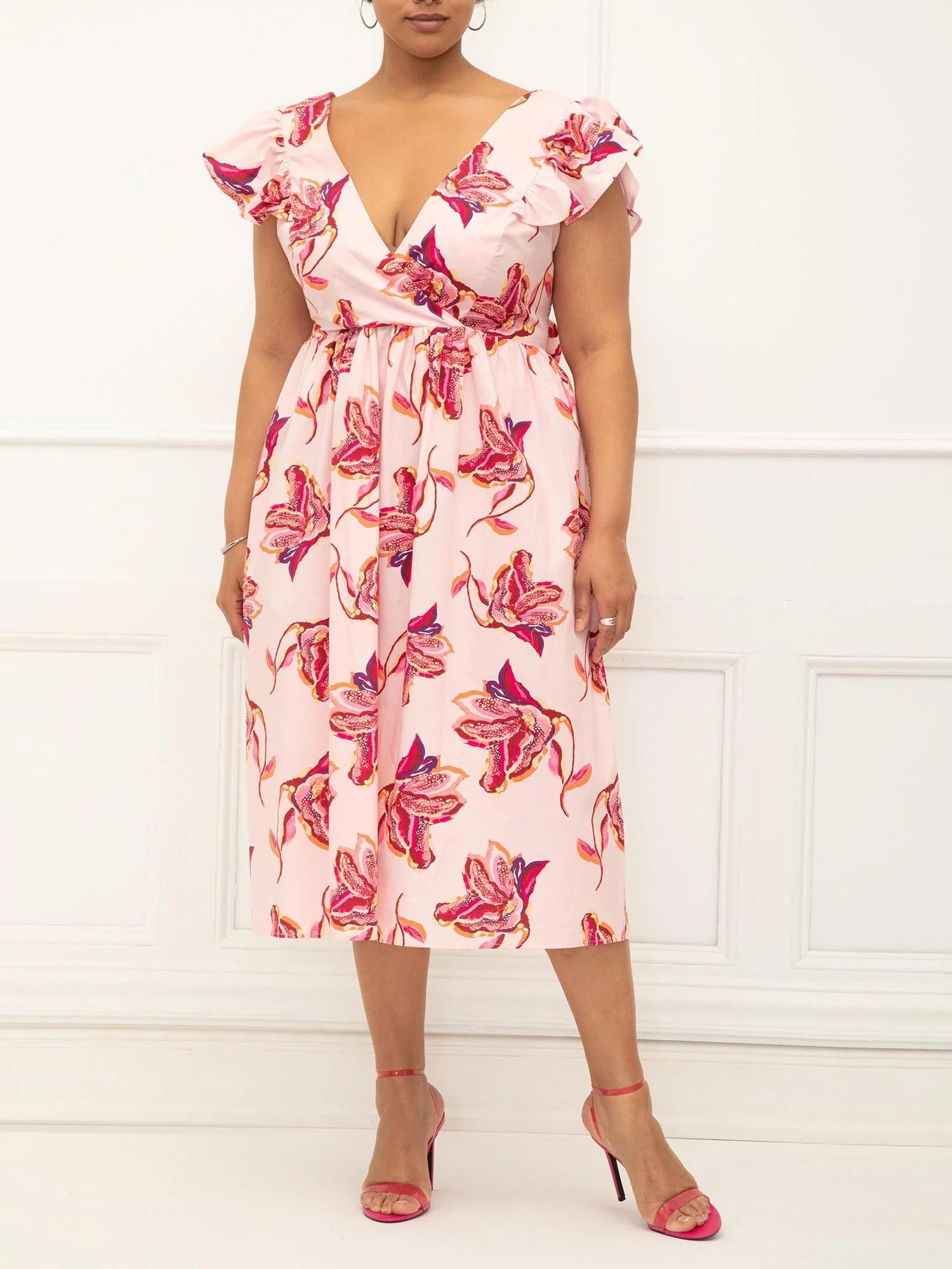 ELOQUII Elements Women's Plus Size Surplice Midi Dress with Ruffle Sleeves | Walmart (US)