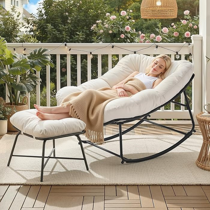 Outdoor Rocking Chairs with Ottoman, Papasan Rocking Chair with Padded Cushions, Oversized Patio ... | Amazon (US)