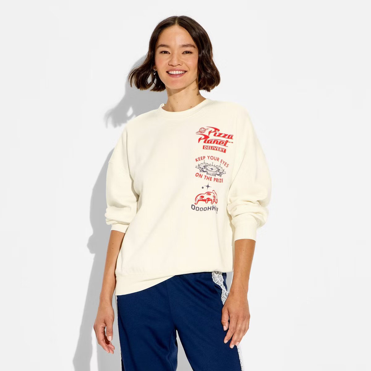 Women's Pizza Planet Graphic Pullover Sweatshirt - Off-White M | Target