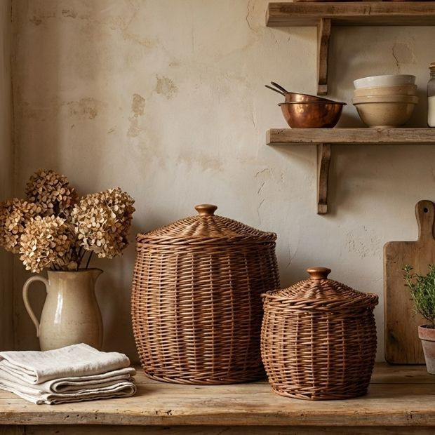 Woven Wicker Canister with Lid Set of 2 | Antique Farm House