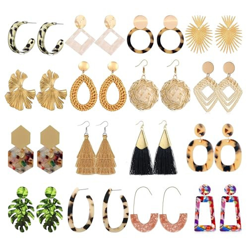 LANTAI 16 Pairs Trendy Acrylic Rattan Earrings for Women-Fashion Statement Earrings Boho Drop Dangle Christmas Earrings for Women Jewelry Set | Amazon (US)