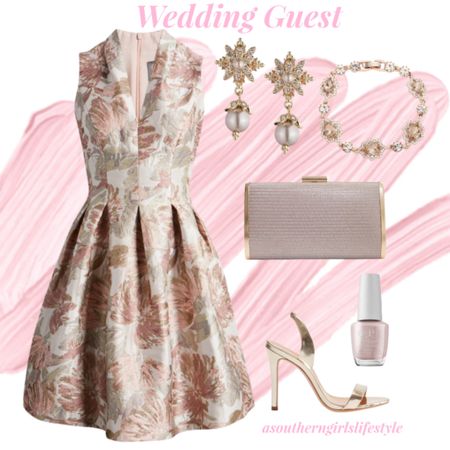 Wedding Guest Dress/Special Occasion Glam Outfit 

Metallic Jacquard Sleeveless Fit & Flare Dress, Blush Pearl Floral Crystal Post Drop Earrings, Rose Gold Pear Stone Crystal Line Bracelet, Rose Gold Metallic Box Clutch Bag, OPI Nail Polish & Gold Slingback Heels

Summer Outfit. Vince Camuto. Marchesa.  Schultz. Dune London  

#LTKWedding #LTKSeasonal #LTKStyleTip