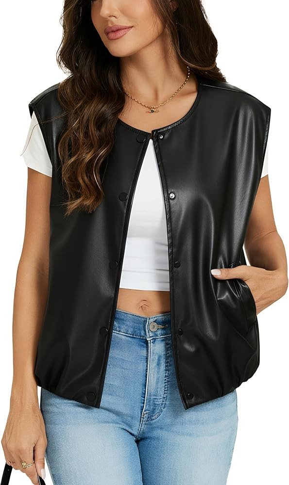 LADYFUL Women Faux leather Vest Top Cropped Cap Sleeve Bubble Hem Oversized Sleeveless Pu Leather... | Amazon (US)