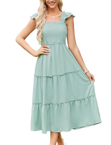 A-Line Ruffle Tiered Sundresses for Women Smocked Square Neck Flutter Sleeve Gold Polka Dots Midi Party Dress Light Green XL | Amazon (US)