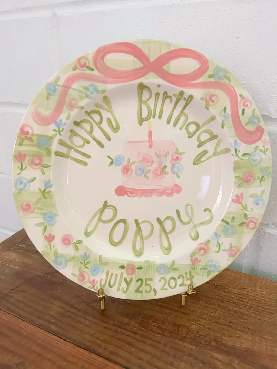 Personalized Birthday Plate: Hand-painted Wildflowers and Green Gingham - Etsy | Etsy (US)