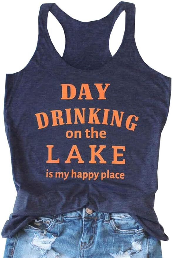 Day Drinking on The Lake Tank Tops for Women Funny Letter Print Tee Shirt Sleeveless Summer Beach... | Amazon (US)