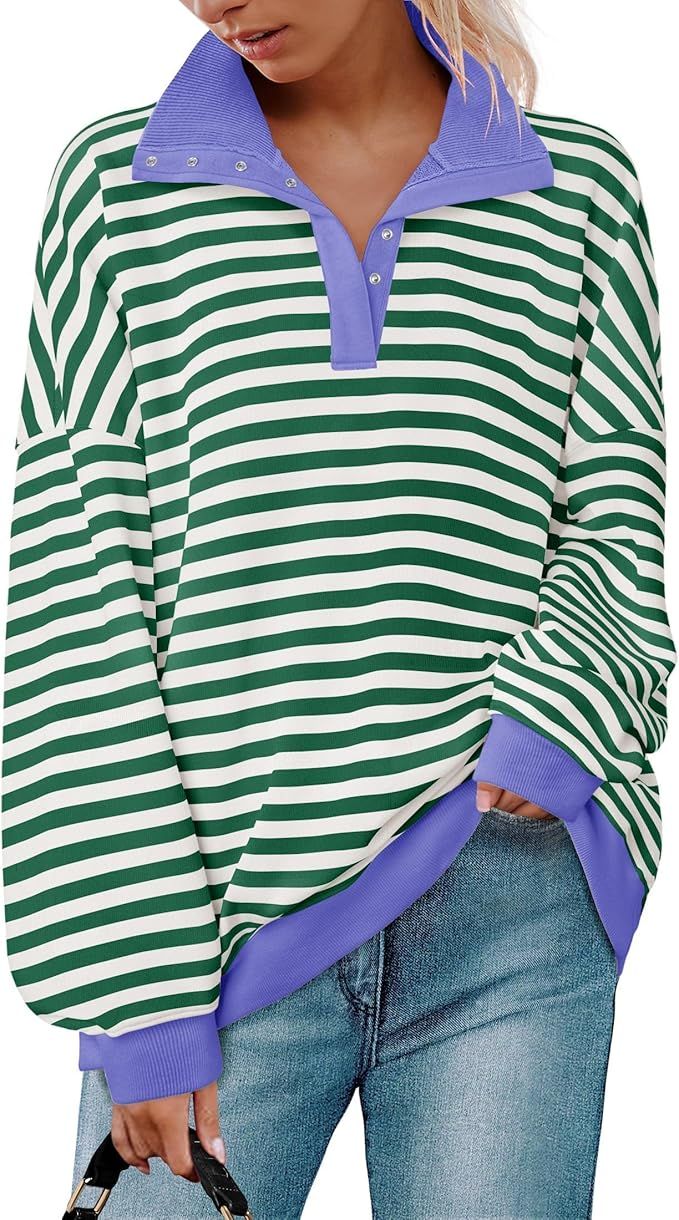 ZESICA Sweatshirts for Womens Long Sleeve Lapel V Neck Striped Oversized Tops | Amazon (US)