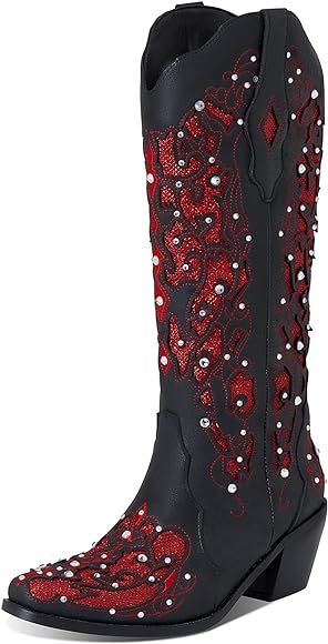 Mikarka Glitter Cowboy Boots for Women Mid-Heeled Cowgirl Boots Rhinestones Embroidery Western Mi... | Amazon (US)