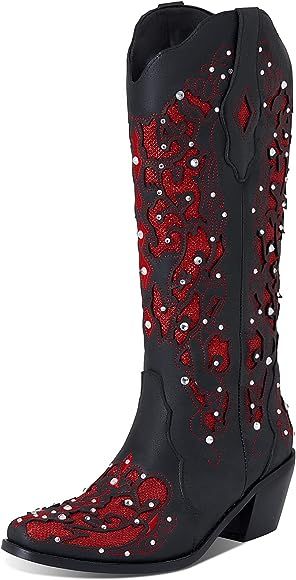Mikarka Glitter Cowboy Boots for Women Mid-Heeled Cowgirl Boots Rhinestones Embroidery Western Mi... | Amazon (US)