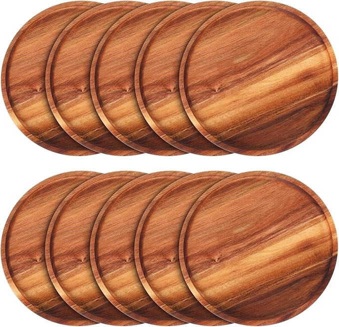Rtteri 10 Pieces Acacia Round Wood Plates 12 Inch Dinner Plates Wooden Charger Plates Bulk Easy C... | Amazon (US)