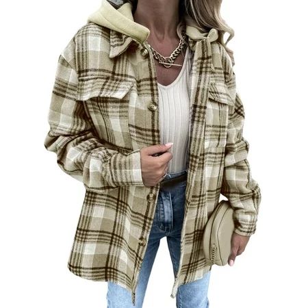 Liangchenmei Plaid Shacket Womens Oversize Button Down Long Sleeve Wool Shacket Jacket with Detachab | Walmart (US)