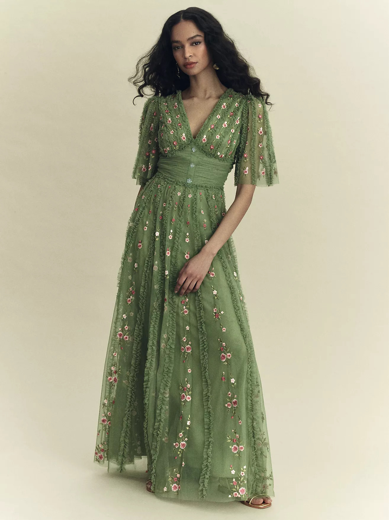 Mac Duggal Short-Sleeve Floral Ruffled V-Neck Gown | Anthropologie (US)