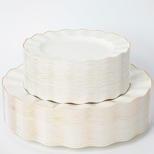 HIGH END 100 Pcs Ivory Wave Plastic Plates with Gold Trim, Fancy Disposable Plate Sets Include 50 Dinner & 50 Dessert Plastic Plates, Elegant Disposable Plate Set For Party, Thanksgiving (50 Guests) | Amazon (US)
