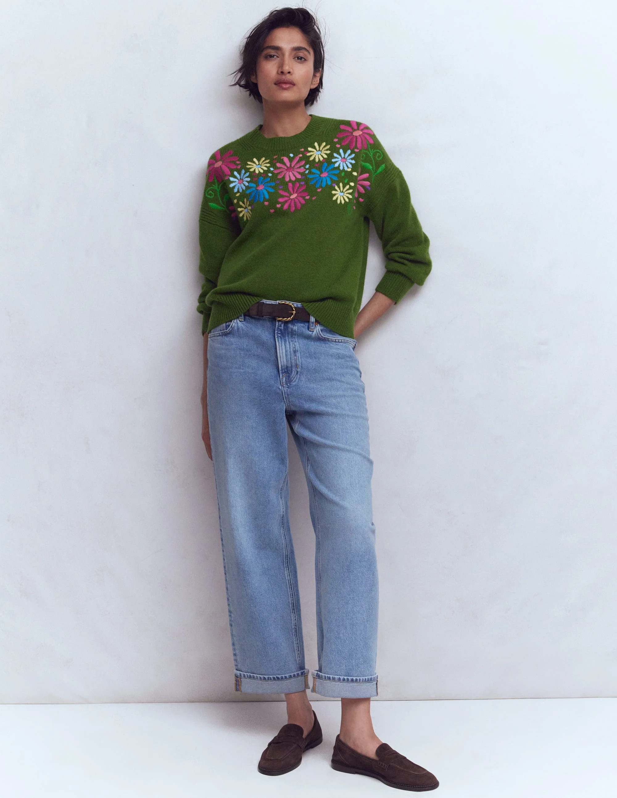 Isa Embroidered Sweater-Herb Garden, Green Flowers | Boden (US)