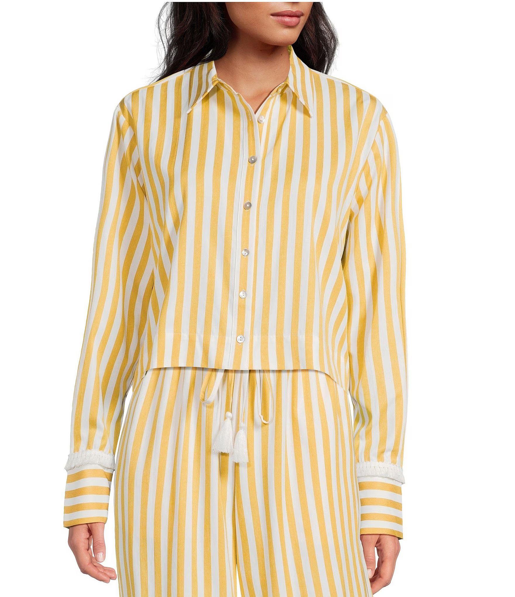 Woven Stripe Point Collar Button Front Long Sleeve Fringe Cuff Cropped Coordinating Shirt | Dillard's