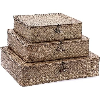 Hipiwe Flat Wicker Basket Bins with Lid - Set of 3 Handwoven Seagrass Storage Basket Shelf Basket... | Amazon (US)