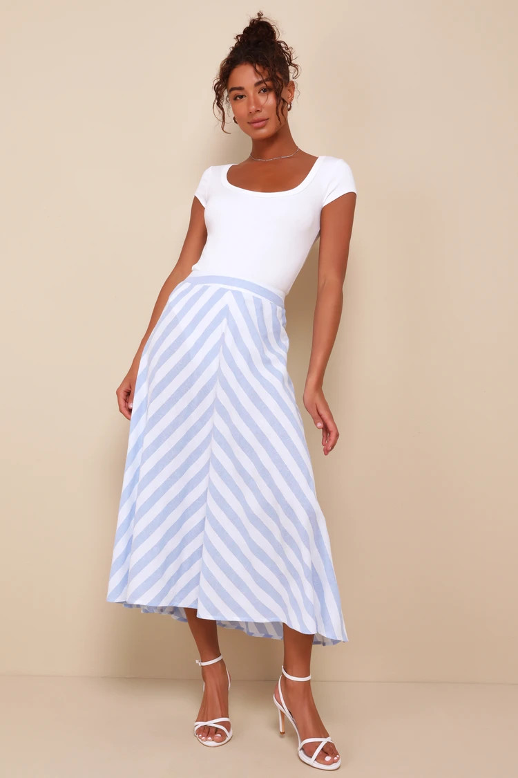 Ultimately Chic Light Blue Striped Midi Skirt Outfits White T Shirt White Tee White Basic Tee | Lulus