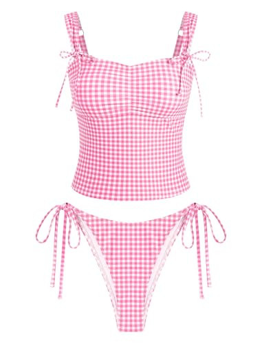 ZAFUL Women's Gingham Ruched Bowknot Decor Cinched Back Tankini Set Tummy Control 2 Piece Bikini Swimsuits (1-Light Pink, Medium) | Amazon (US)