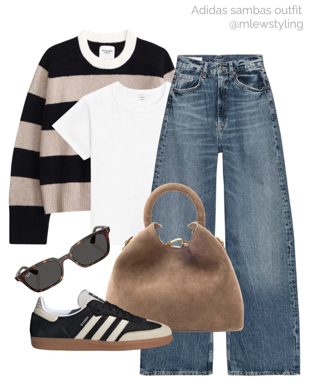 Fall outfit with a striped Abercrombie sweater 🤍

Tags: white tee, leset t-shirt, new in Zara wide leg jeans, adidas samba sneakers rayban sunglasses, autumn fashion, everyday outfit, weekend look, brown suede Elleme bag 

#LTKStyleTip #LTKItBag #LTKShoeCrush