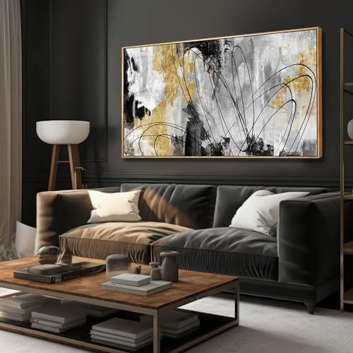 YJYart Abstract Wall Art Office Decor Gold Wall Decor for Living Room Black and White Artwork Line Art Frame Room Decor for Bedroom 24X48 Inch | Amazon (US)