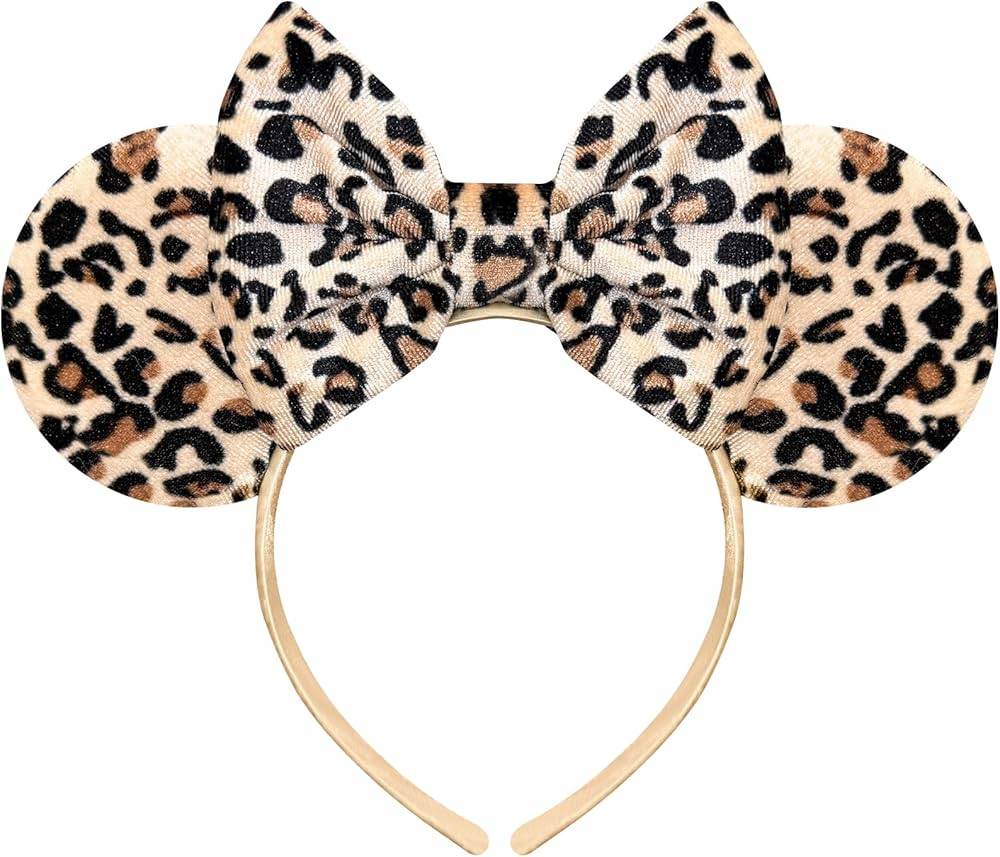 Leopard Print Mouse Ears Headband for Women, Leopard Fuzzy Bows Park Ears, Cute Hair Band | Amazon (US)