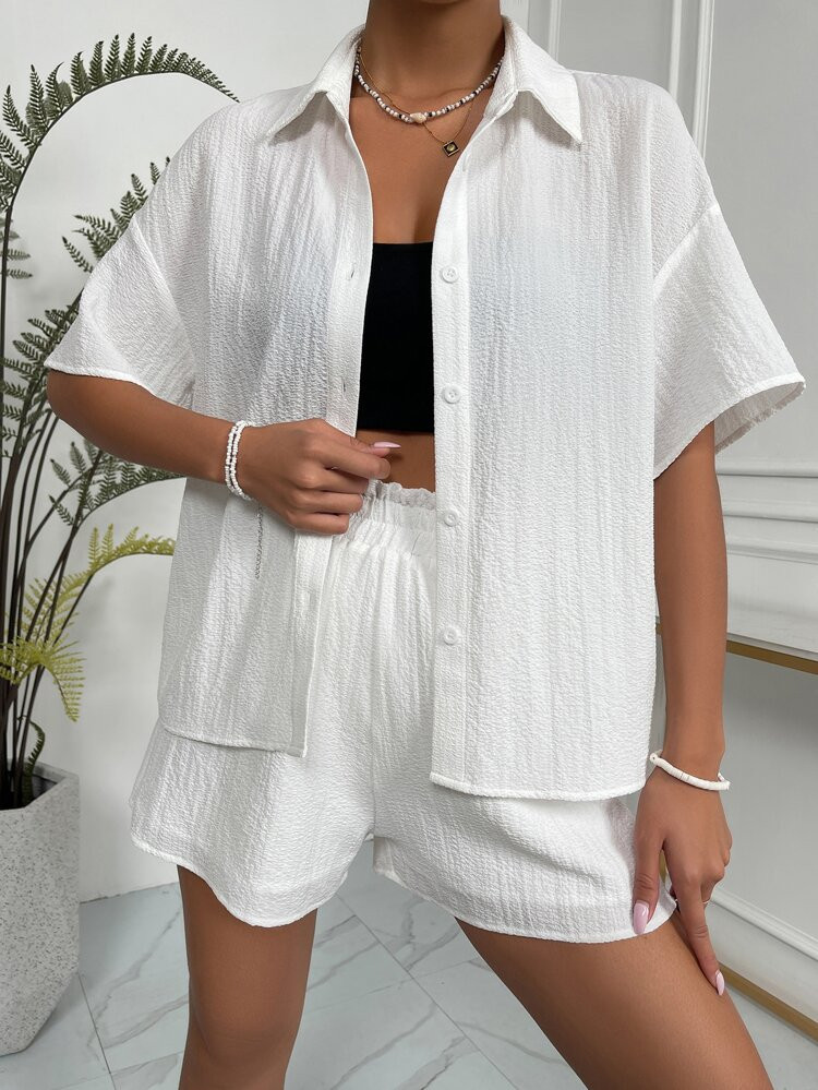 SHEIN EZwear Solid Drop Shoulder Shirt & Shorts Set | SHEIN