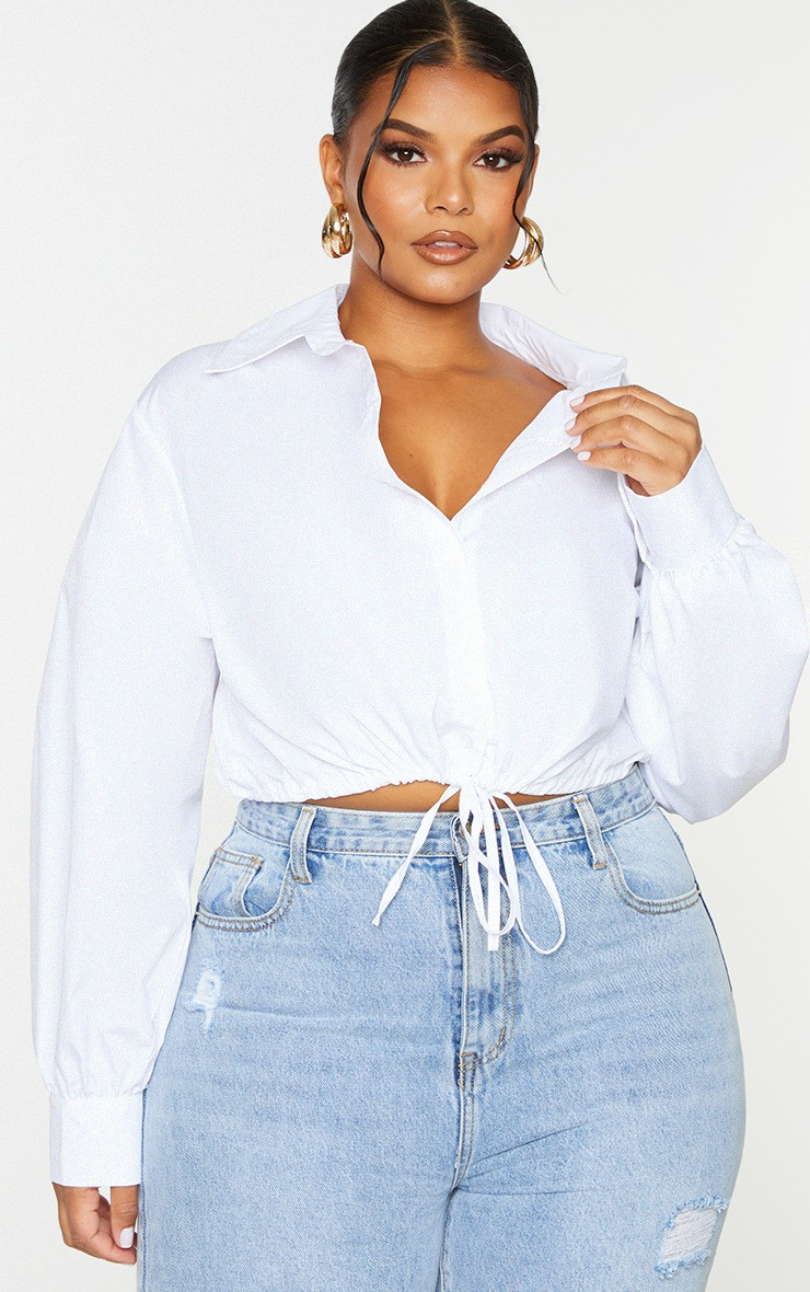 Plus White Tie Waist Cropped Shirt | PrettyLittleThing US