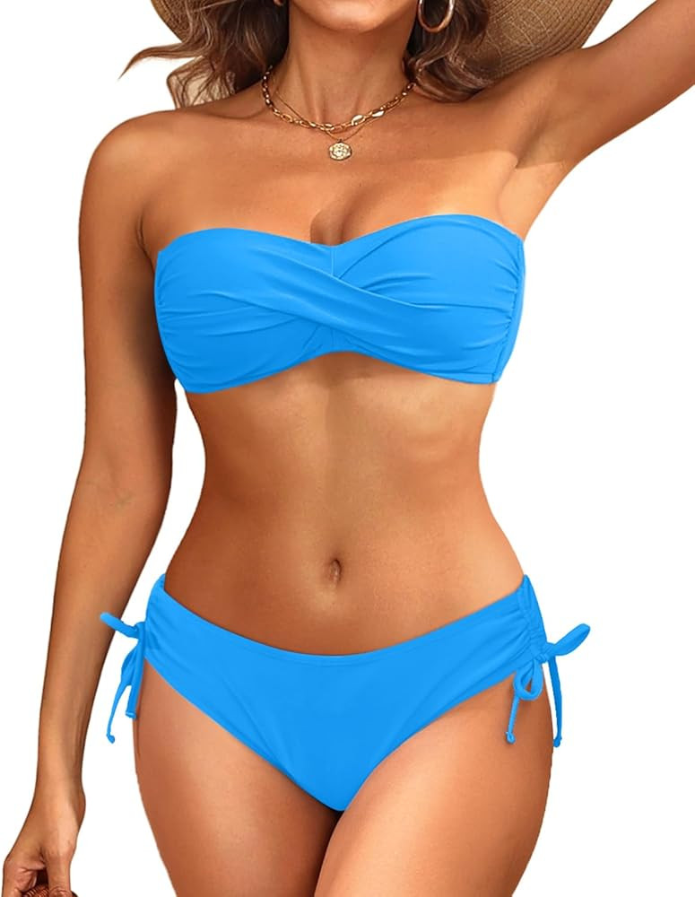 Women's Strapless Bandeau Bikini Set - Twist Front Two Piece Swimsuit Top with Side Tie Bathing S... | Amazon (US)
