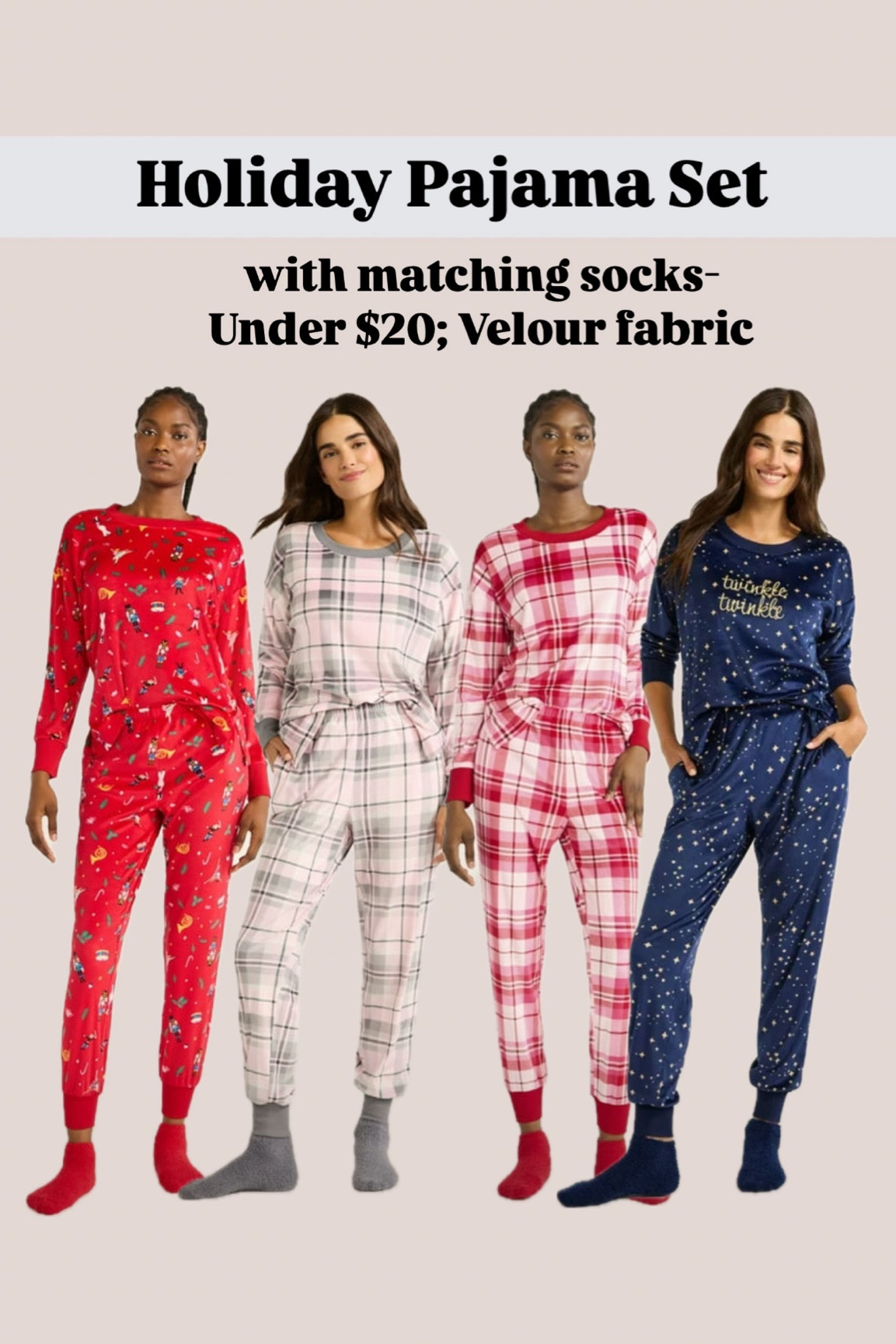 Velour fabric holiday pajama set with matching socks. So soft and cozy! 

Christmas pajamas, gift for her, gift guide.


#LTKGiftGuide #LTKHoliday #LTKSeasonal