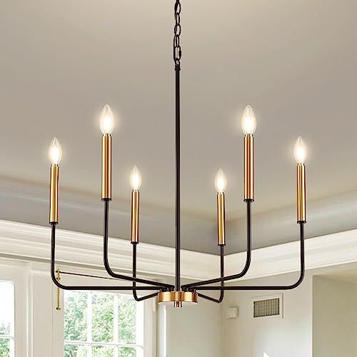 ONESMING Modern Black and Gold Chandelier for Dining Room,Metal 6-Light Kitchen Light Fixtures,Farmhouse Candle Hanging Pendant Lights for Living Room Entryway Foyer Bedroom (Bulb Not Included) | Amazon (US)