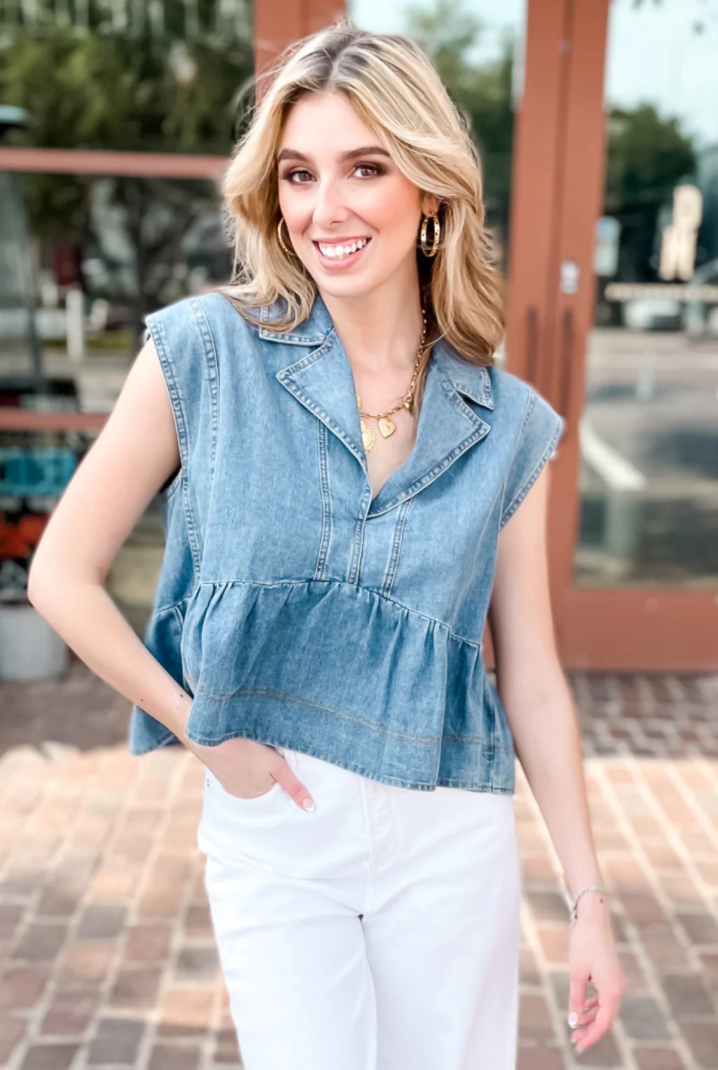 Notched Babydoll Denim Top | Tucker Brown