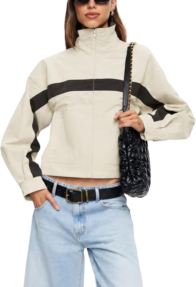 Lviefent Womens Cropped Jacket Color Block Stand Collar Windbreaker | Amazon (US)