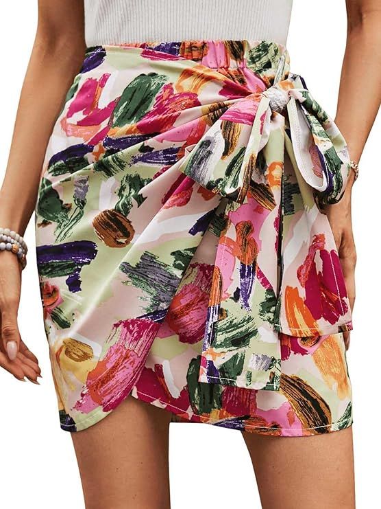 Milumia Women's Allover Print Wrap Short Skirt High Waisted Knot Side Boho Mini Skirts | Amazon (US)