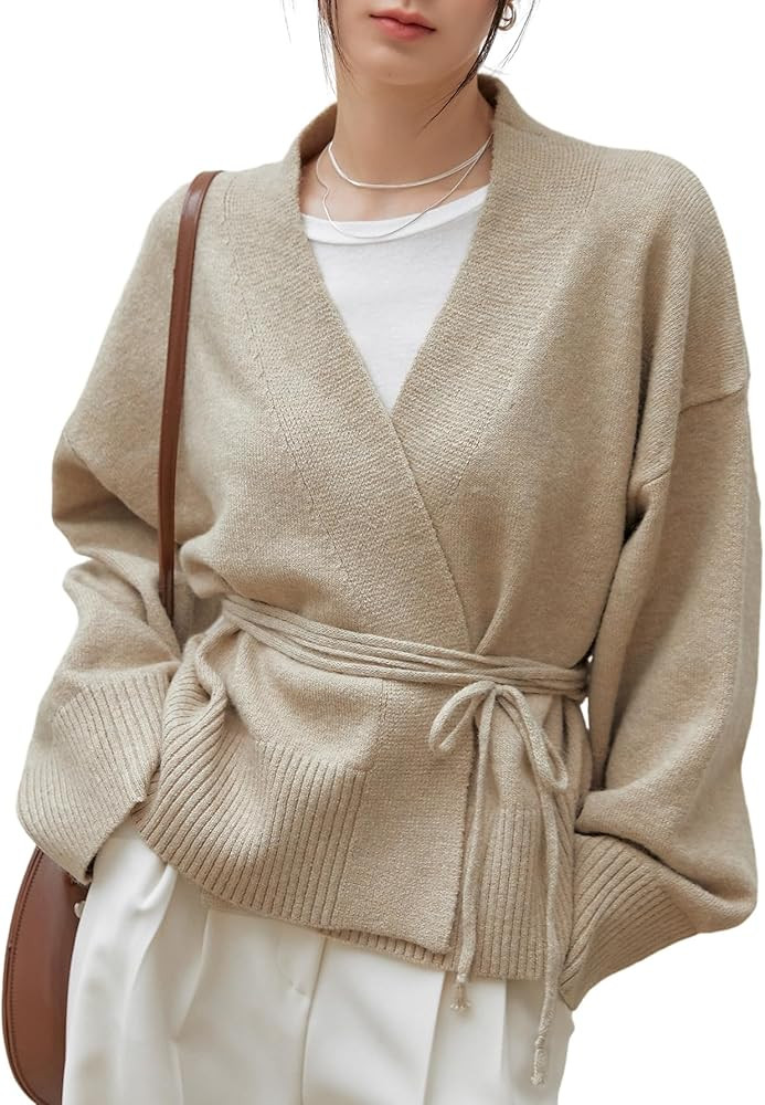 WDIRARA Women's Wrap V Neck Long Sleeve Tie Front Belted Cardigan Casual Sweater | Amazon (US)