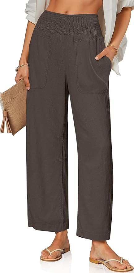 TARSE Women Linen Pants Wide Leg Elastic High Waisted Palazzo Trousers Casual Loose Beach Vacatio... | Amazon (US)