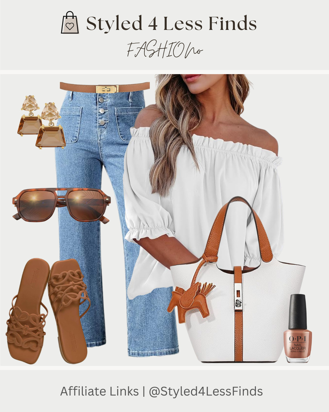 Designer look for less ✨🤍 This off-the-shoulder top paired with denim and tan accessories gives you that elevated, effortless vibe—without the designer price tag. These luxe-inspired pieces look high-end but are all budget-friendly finds!

Style Tip: Choose accessories in the same colour family (like warm tans + gold) to instantly make your outfit feel cohesive and more expensive. 

 #LTKcanada #LTKsummer #LTKover50style