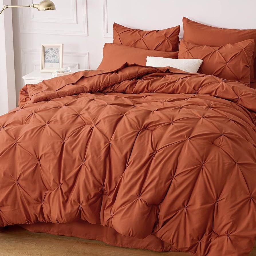 Bedsure King Size Comforter Set - Bedding Set King 7 Pieces, Pintuck Bed in a Bag Burnt Orange Be... | Amazon (US)