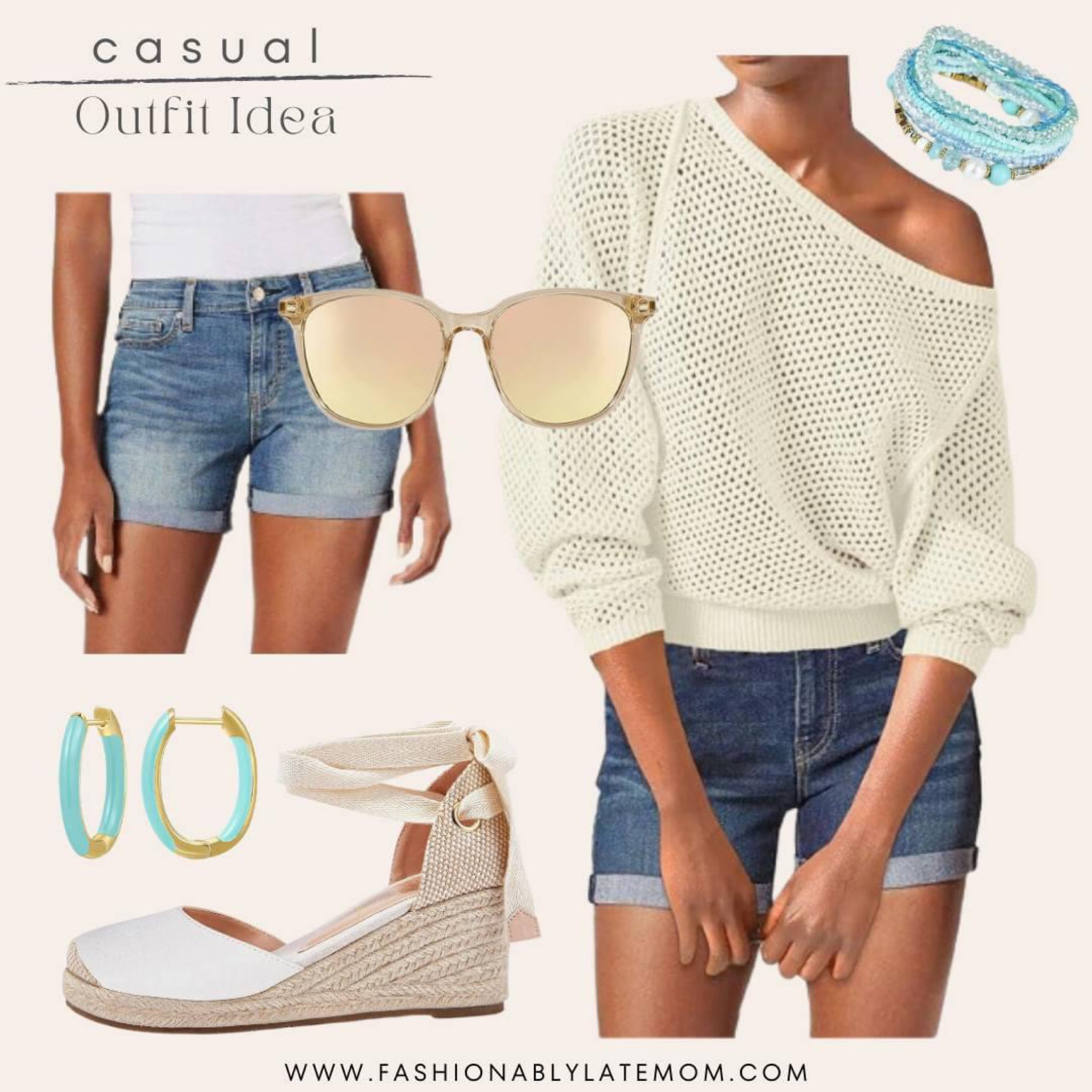 Casual outfit idea 
Fashionablylatemom 
Fashionably late mom 
Amazon fashion 
Shorts
Earrings 
Sunglasses 