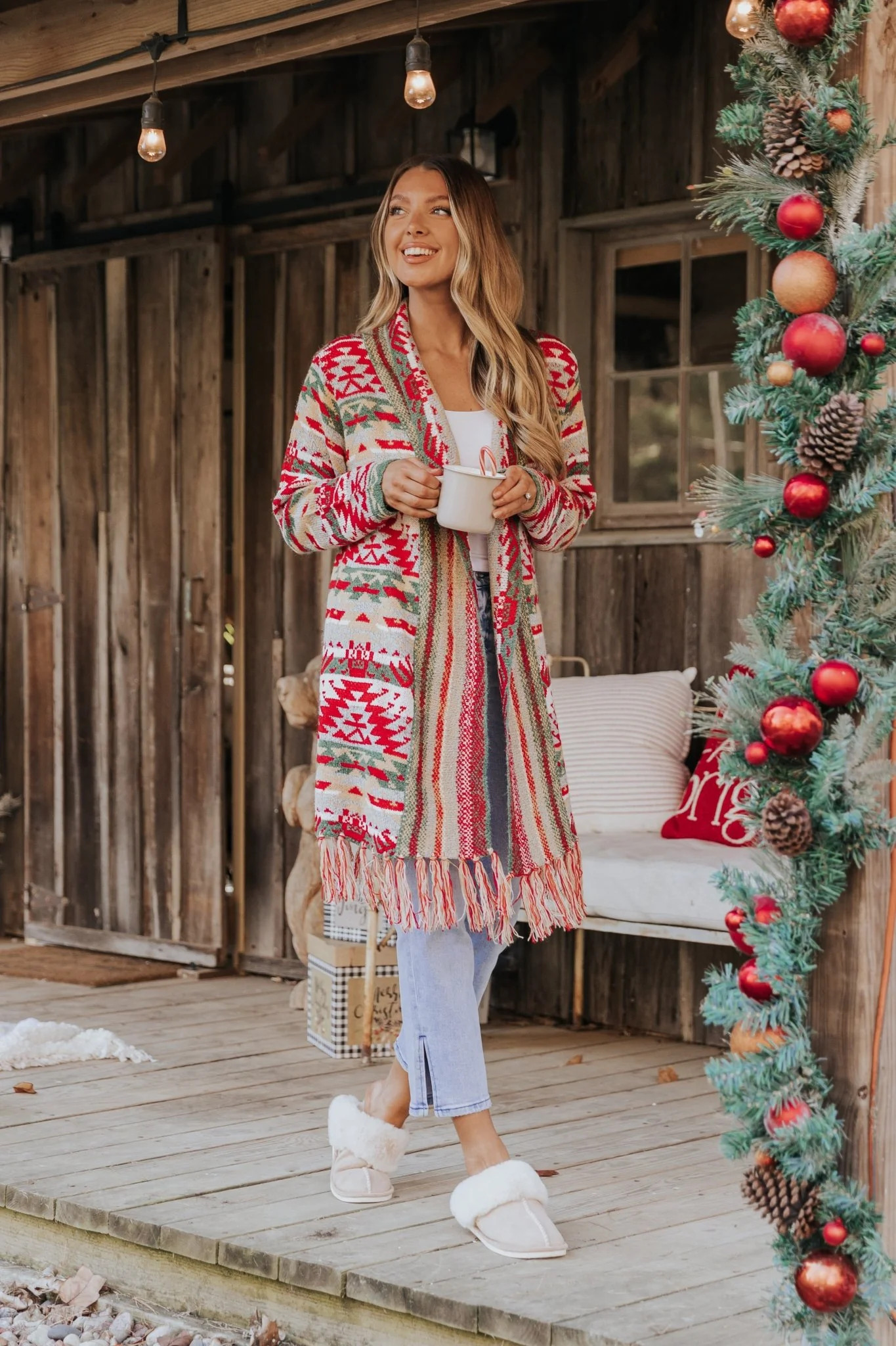 Red & Green Aztec Striped Boho Fringe Cardigan | Magnolia Boutique