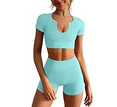 LNSK Women's Workout Outfits Seamless Ribbed Running Yoga Two Piece Crop Top Gym High Waist Sport... | Amazon (US)