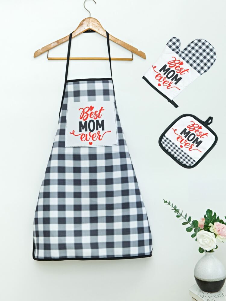 3pcs Mother's Day Plaid & Slogan Graphic Apron & Oven Mitt & Insulation Pad Set, Modern Polyester... | SHEIN
