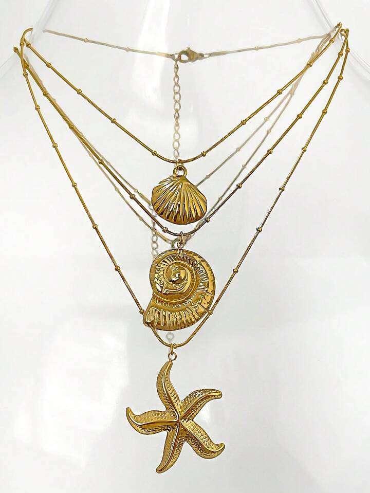 Minimalist Starfish Stripe Conch Scallop Shaped Pendant Necklace For Women Waterproof Trend Jewel... | SHEIN