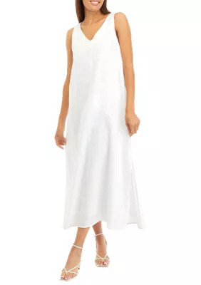 DKNY Women's V-Neck Solid Linen Midi Dress, White, X-Large | Belk