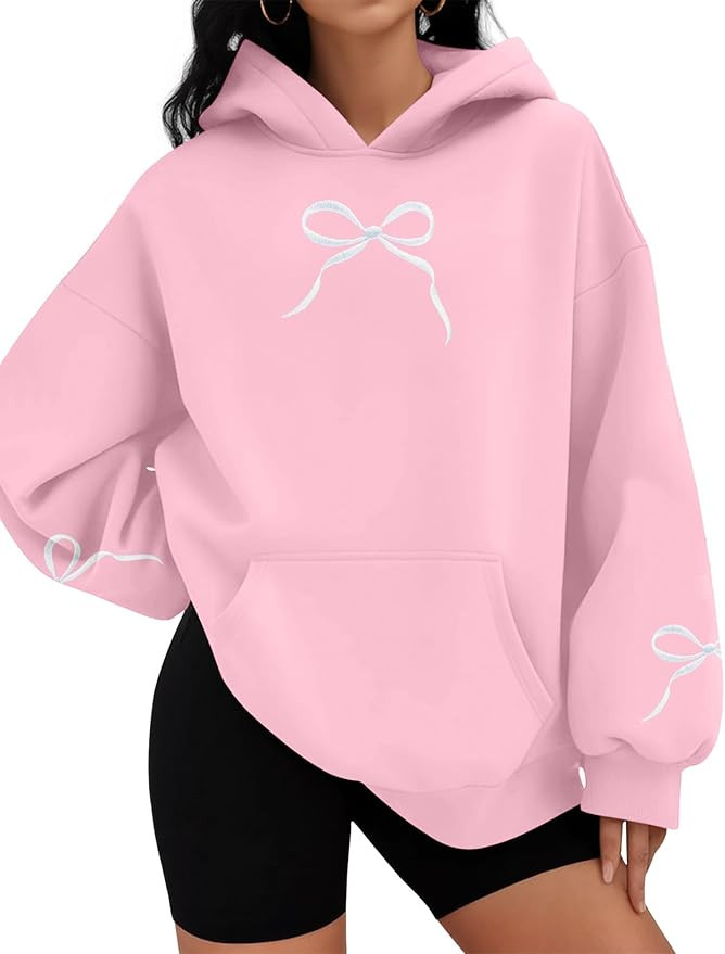 MAXIMGR Oversized Bow Hoodie Cute Clean Girl Embroidered Sweatshirts Coquette Preppy Sweater Y2k ... | Amazon (US)