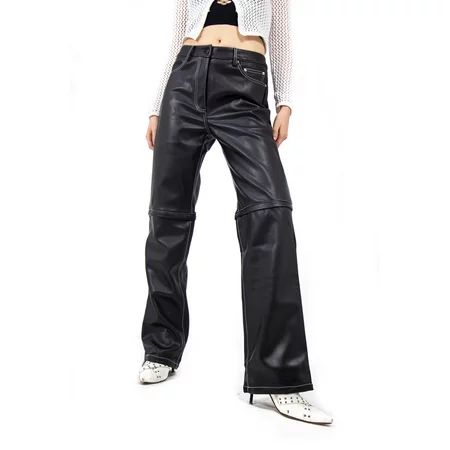 wsevypo Women s Faux Black PU Leather Pants Mid Waist Casual Straight Wide Leg Punk Trousers | Walmart (US)