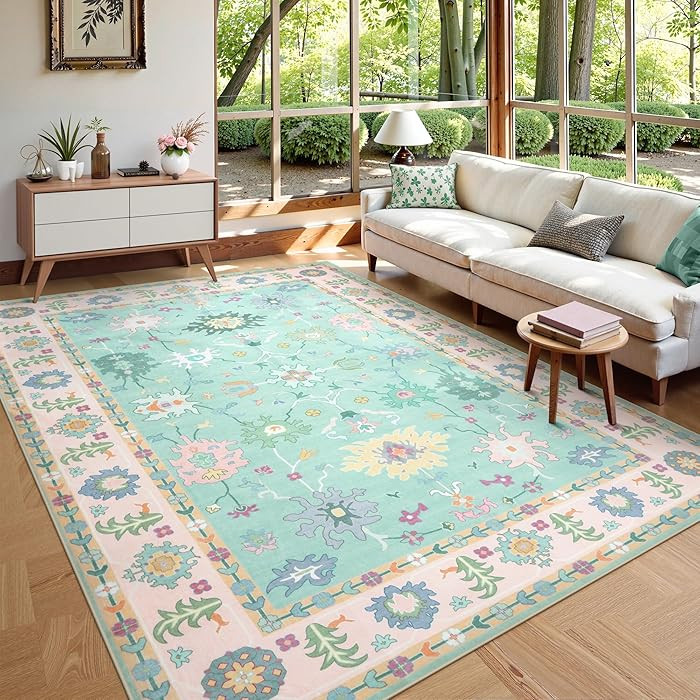 LIVEBOX Washable Oushak Pink Boho Area Rug, 8x10 Machine Washable Rugs for Bedroom Girls Living R... | Amazon (US)