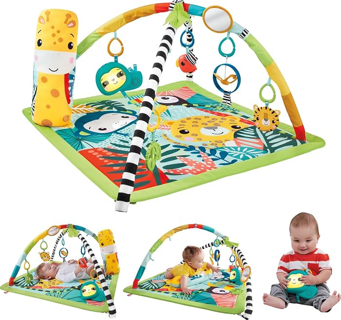 Fisher-Price Baby Playmat 3-in-1 Rainforest Sensory Gym with Music & Lights, Tummy Wedge & 5 Deve... | Amazon (US)